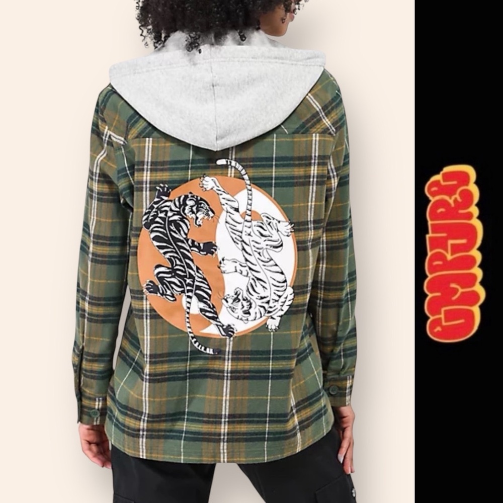 Empyre Plaid Holly Yin Yang Green & Grey Hooded Flannel Shirt, Size XS, MSRP $60